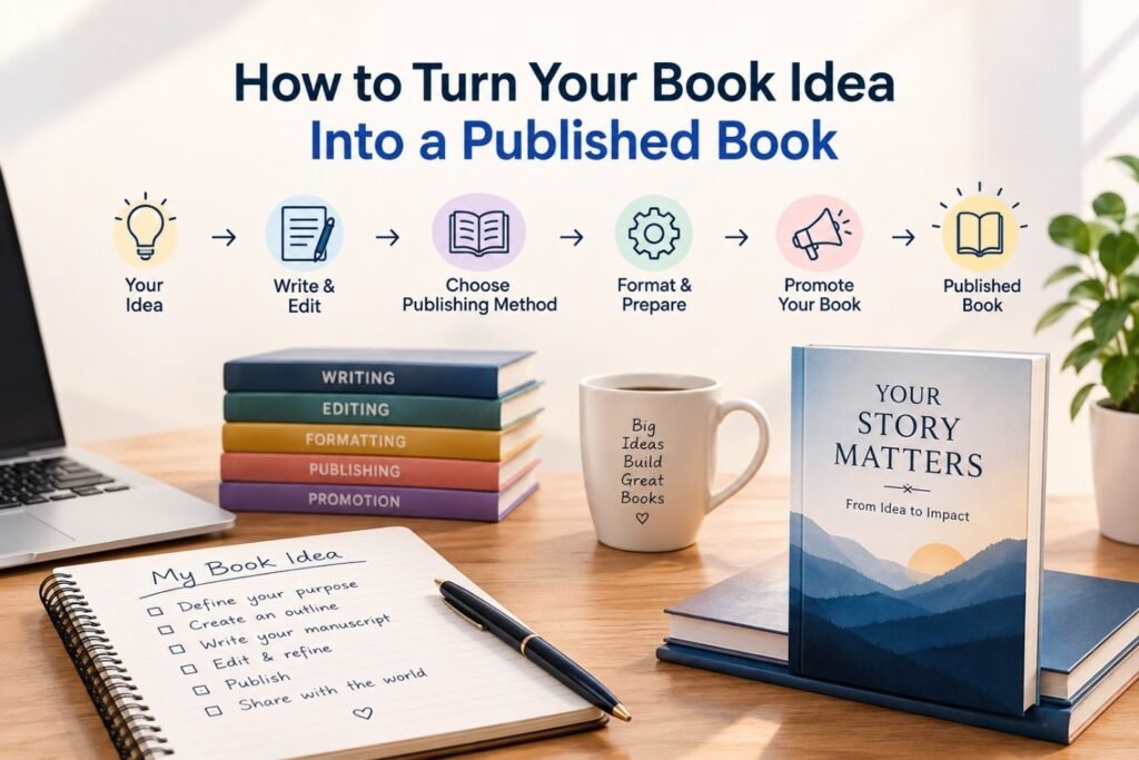 Steps to turn a book idea into a published book through writing, editing, formatting, publishing, and promotion.